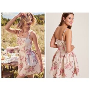 Francesca's Floral Brocade Dress Women M Pink Gold Metallic Lace Bow Mini